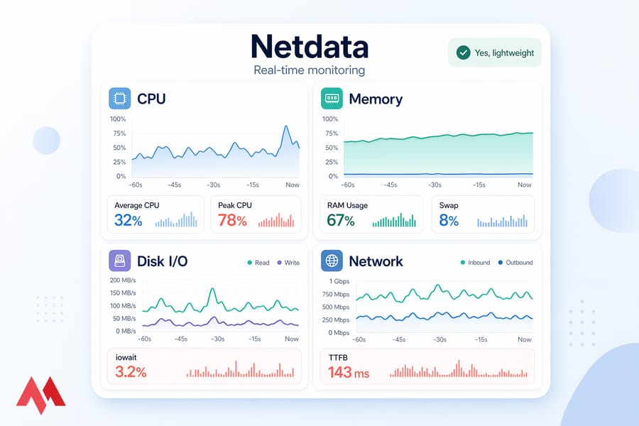 Stylized Netdata-like dashboard showing CPU, Memory, Disk I/O, and Network monitoring panels.
