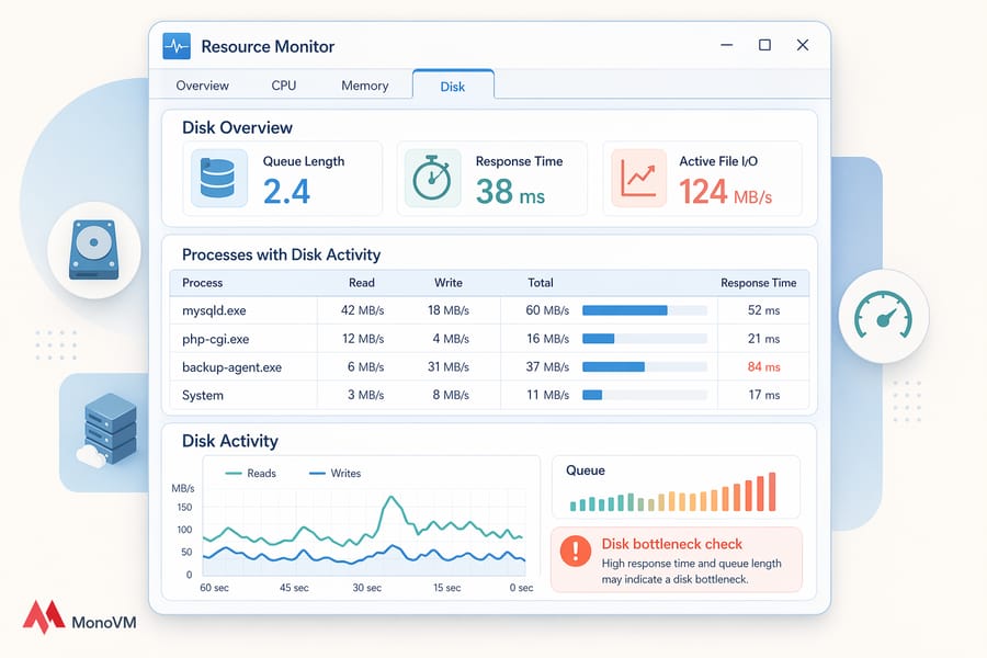 Stylized Resource Monitor Disk view with queue length, response time, and per-process disk I/O