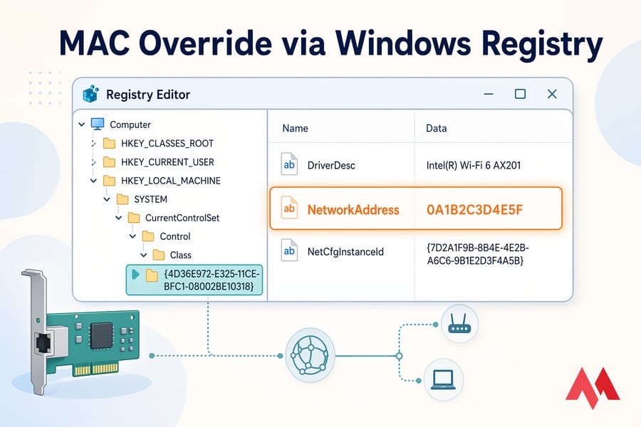 Hero banner of Registry Editor highlighting NetworkAddress for MAC override