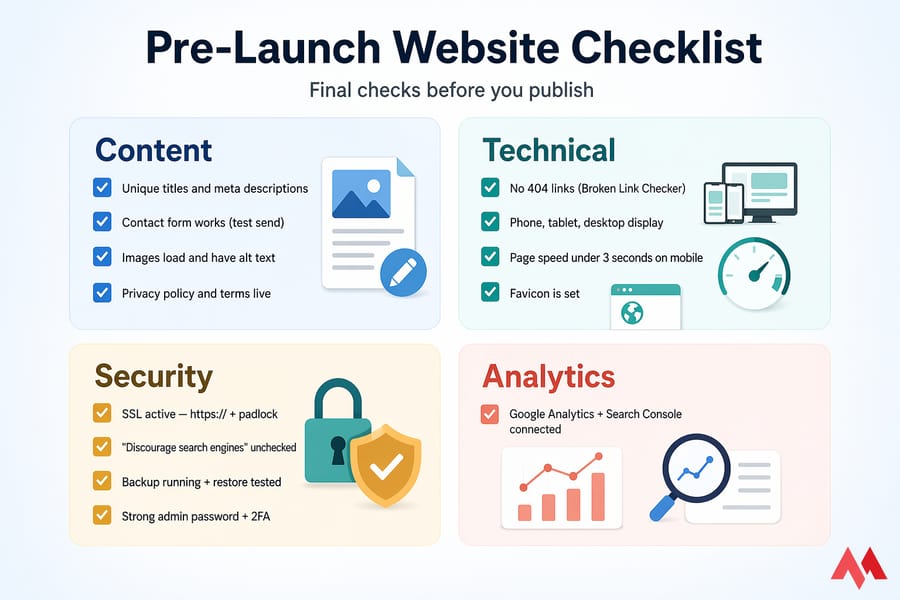 Pre-launch website checklist infographic with Content, Technical, Security, and Analytics sections