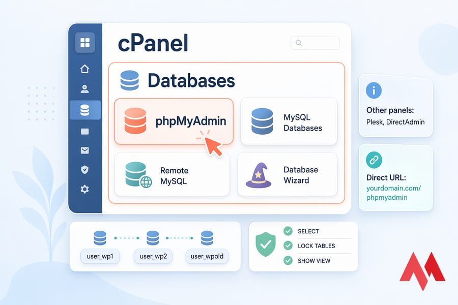 Stylised cPanel dashboard highlighting the Databases section and phpMyAdmin icon.