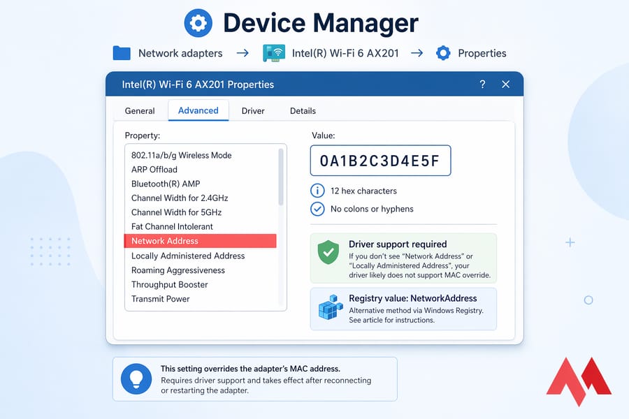 Stylised Device Manager Properties Advanced tab showing Network Address option for MAC override