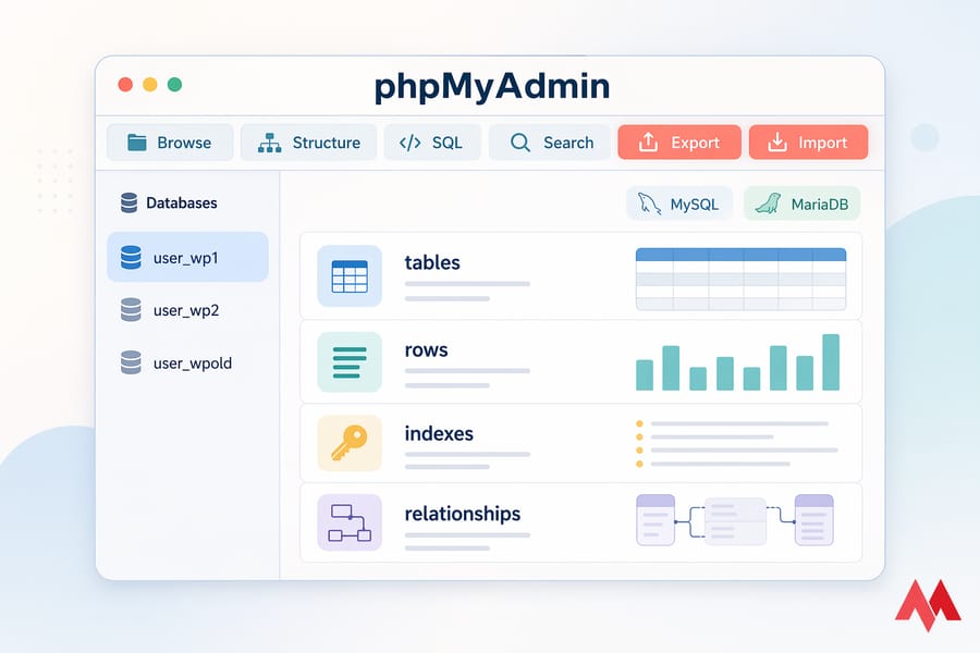 Stylised phpMyAdmin dashboard with database list and Export/Import tabs