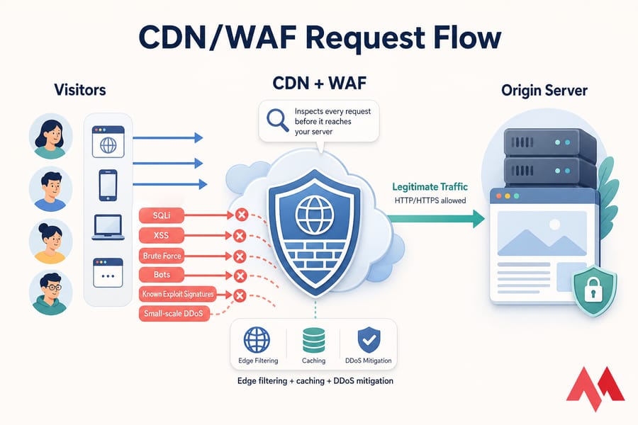 Diagram of visitor traffic passing through a CDN/WAF, blocking attacks before reaching the origin server.