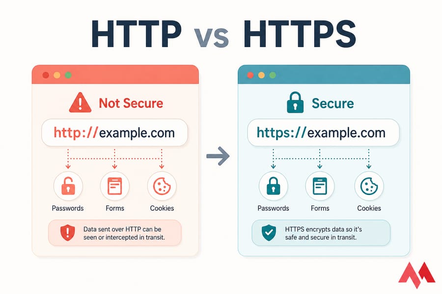Side-by-side illustration comparing a Not Secure HTTP address bar with a secure HTTPS padlock bar.