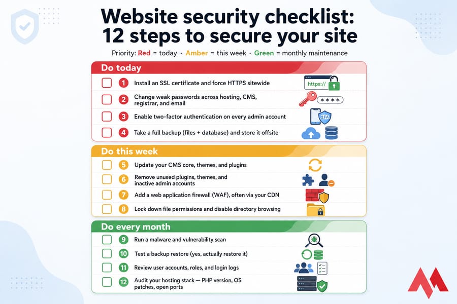 Vertical infographic showing a 12-step website security checklist by priority: today, this week, monthly.