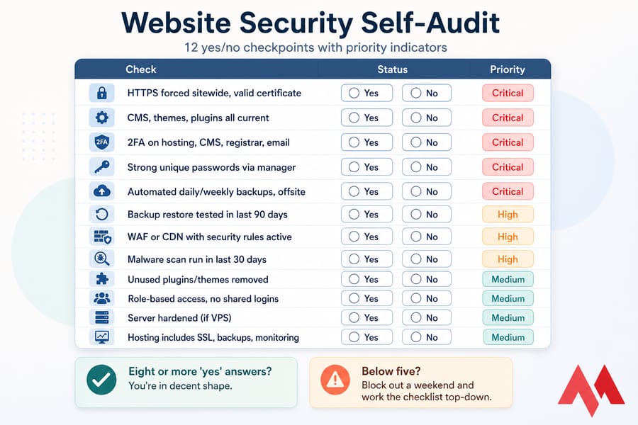 Website Security Self-Audit scorecard with 12 yes/no checks and criticality labels