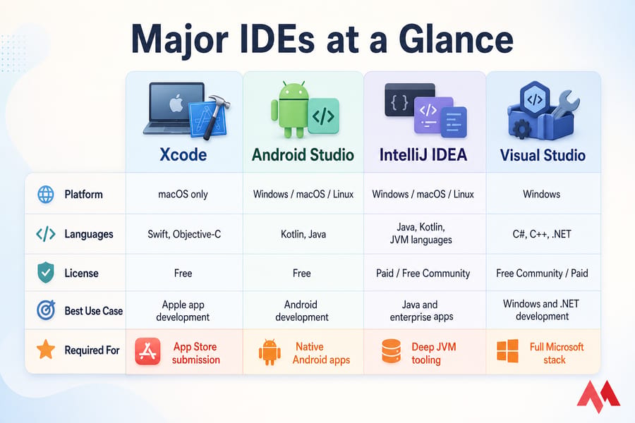 Comparison matrix of Xcode, Android Studio, IntelliJ IDEA, and Visual Studio
