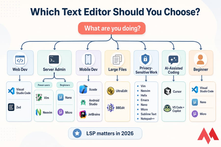 Decision-tree infographic mapping editing tasks to recommended text editors.