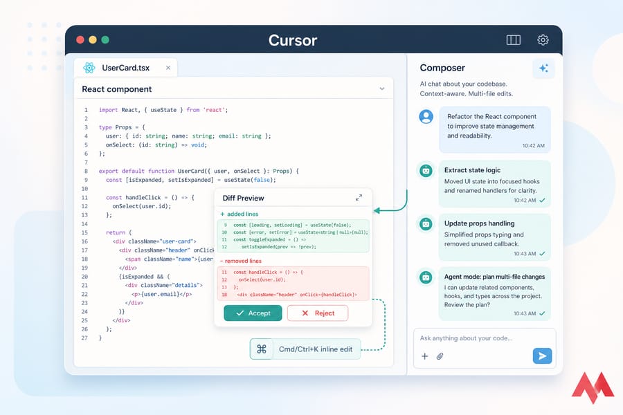 Stylised Cursor editor illustration with Composer chat and React diff preview