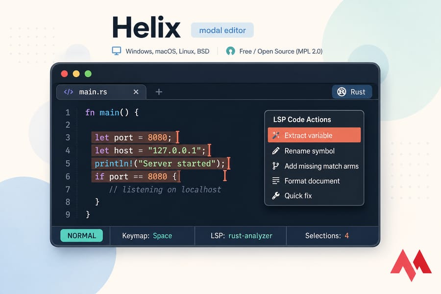 Stylised Helix terminal editing a Rust file with multi-cursor selections and an LSP code actions popup.