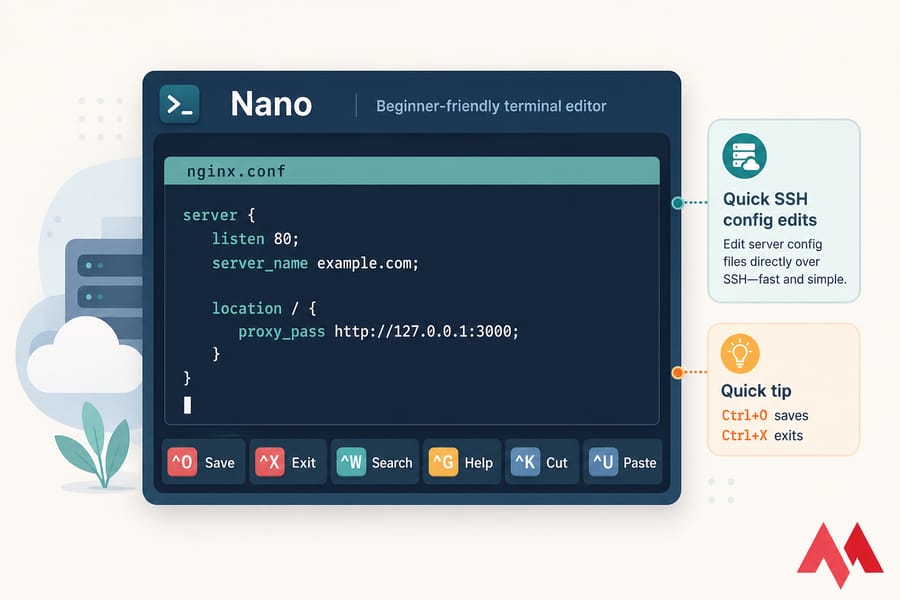 Stylised Nano terminal editing nginx.conf with bottom help bar showing Save, Exit, and Search shortcuts.