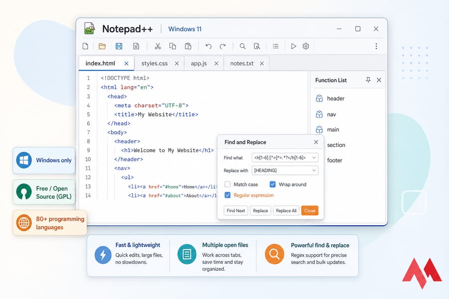 Stylised Notepad++ on Windows 11 editing HTML with Function List and regex find-and-replace dialog.