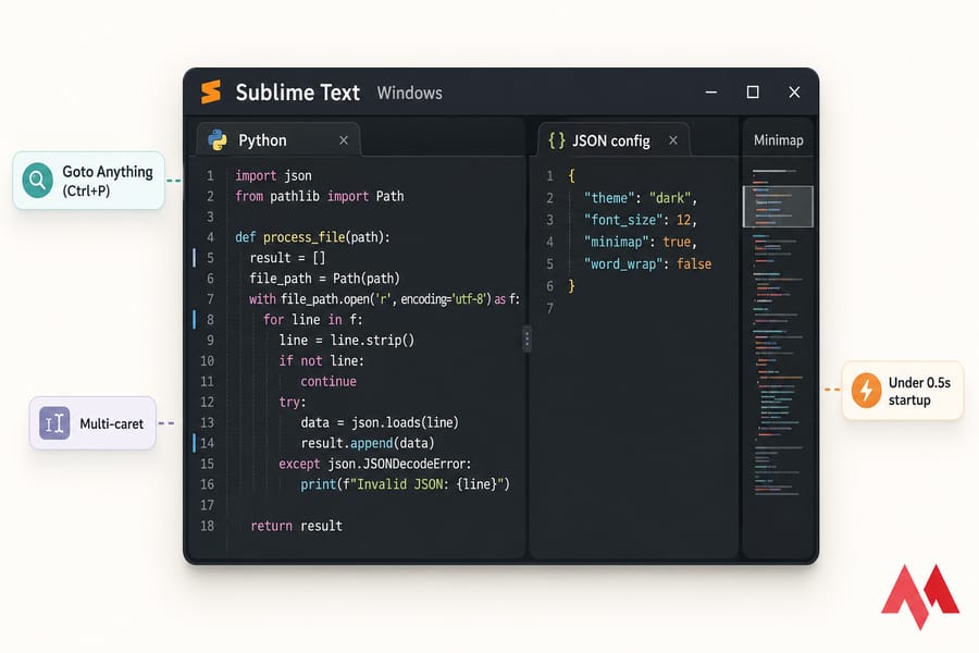Stylised Sublime Text on Windows with Python and JSON split panes and a minimap in dark theme