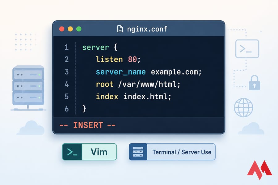 Stylised terminal illustration of Vim editing nginx.conf with line numbers and "-- INSERT --" status line.