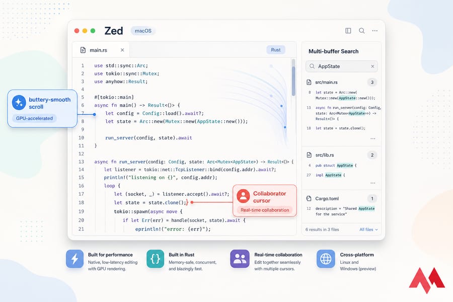 Stylised Zed editor on macOS with Rust code, search sidebar, smooth scrolling, and collaborator cursor