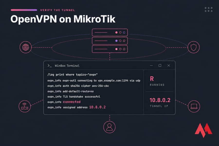 Conceptual WinBox-style OVPN log showing connected status and tunnel IP on MikroTik
