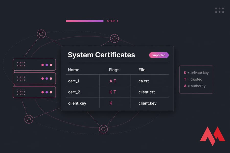 Conceptual WinBox-style System Certificates panel showing cert_1 and cert_2 with K, T, and A flags.
