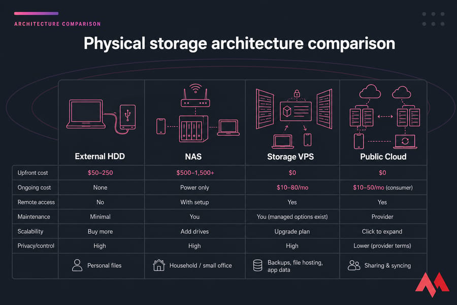 Four-column comparison of External HDD, NAS, Storage VPS, and Public Cloud with cost and access labels
