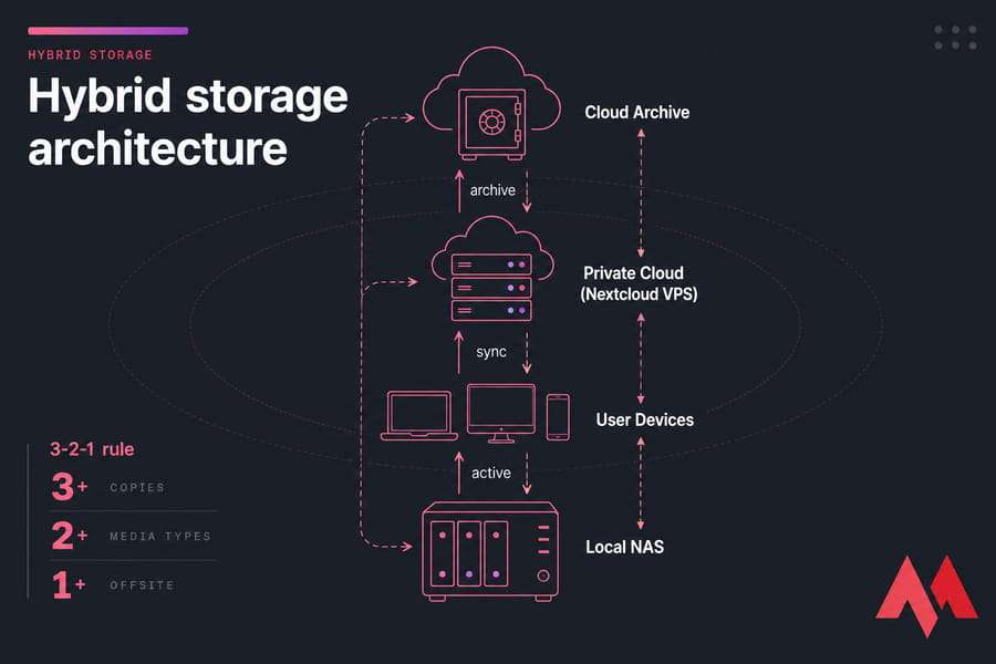 Hybrid storage infographic with Local NAS, User Devices, Private Cloud, and Cloud Archive layers.