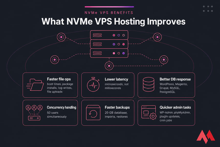 Infographic showing six NVMe VPS hosting benefits in a 2x3 grid with labeled cards and icons.