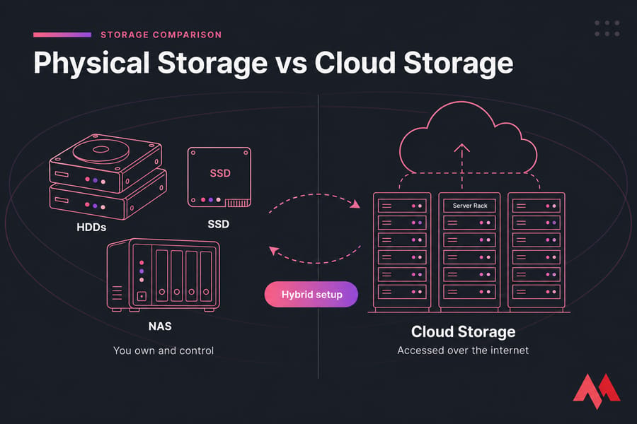 Split banner comparing physical storage hardware on the left and cloud storage on the right with sync arrows.