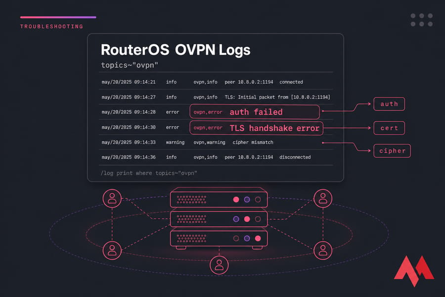 Stylised RouterOS OVPN log panel showing auth failed and TLS handshake error