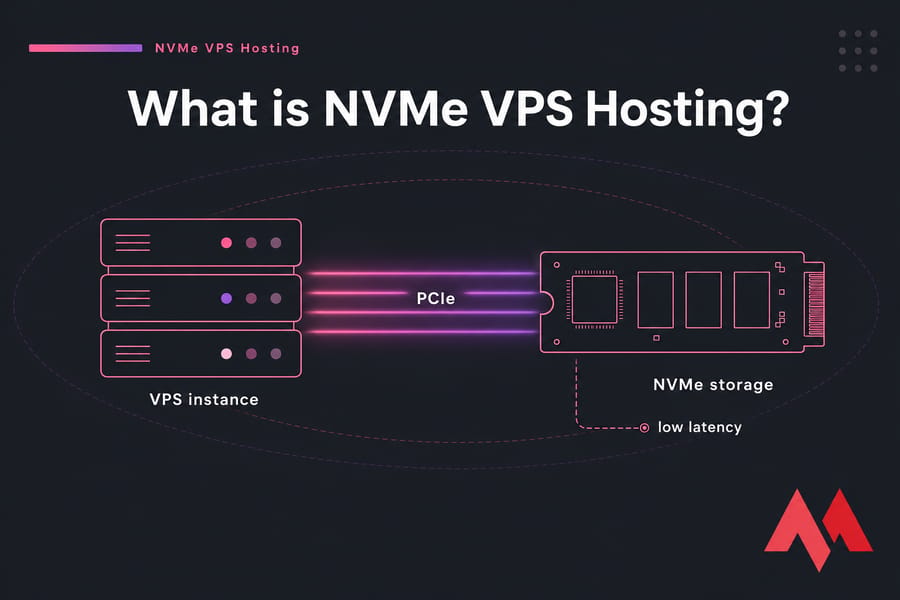 Stylized NVMe VPS banner showing a VPS instance linked to NVMe storage through PCIe with low latency label.