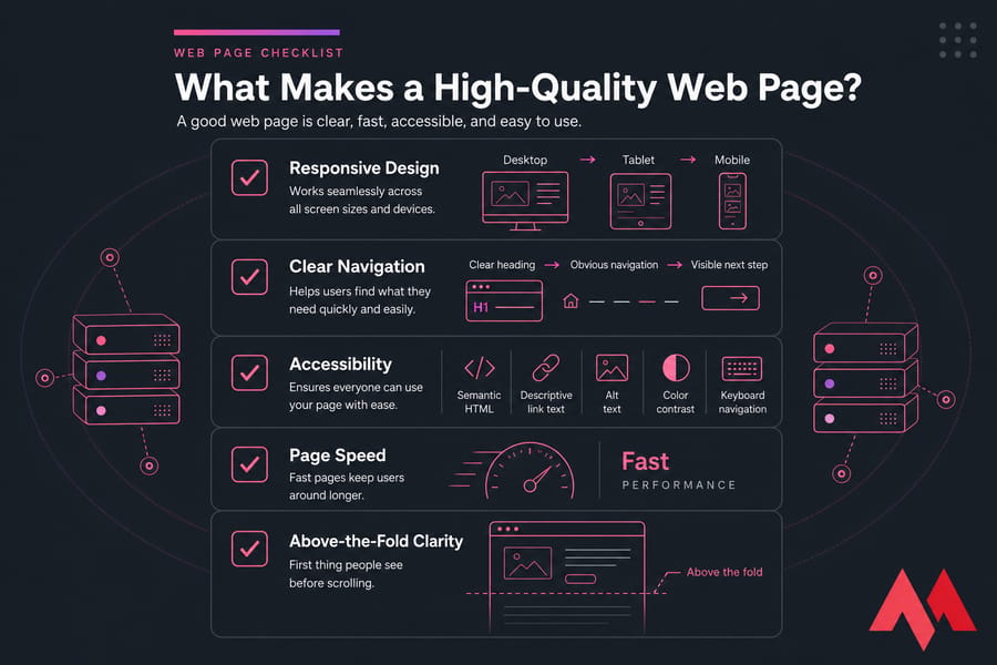 Checklist infographic of five qualities of a high-quality web page