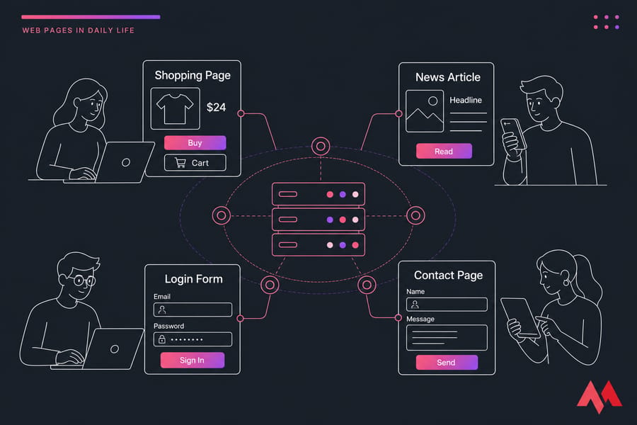 Conceptual illustration of people using shopping, news, login, and contact web pages on connected devices