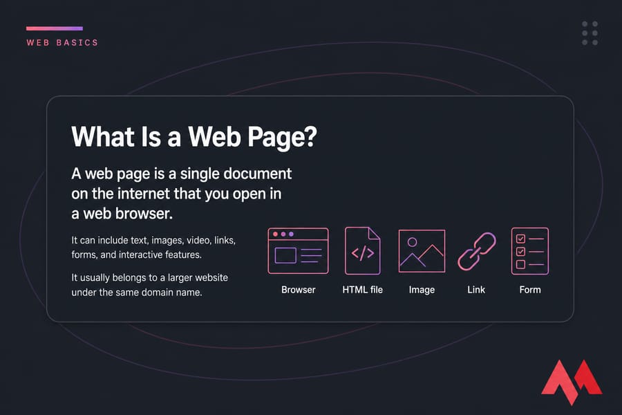 Definition card explaining what a web page is, with labeled icons for browser, HTML file, image, link, and form.