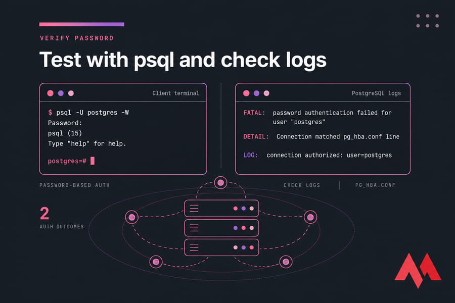 Stylised dual-terminal illustration showing psql login success and PostgreSQL auth log messages.