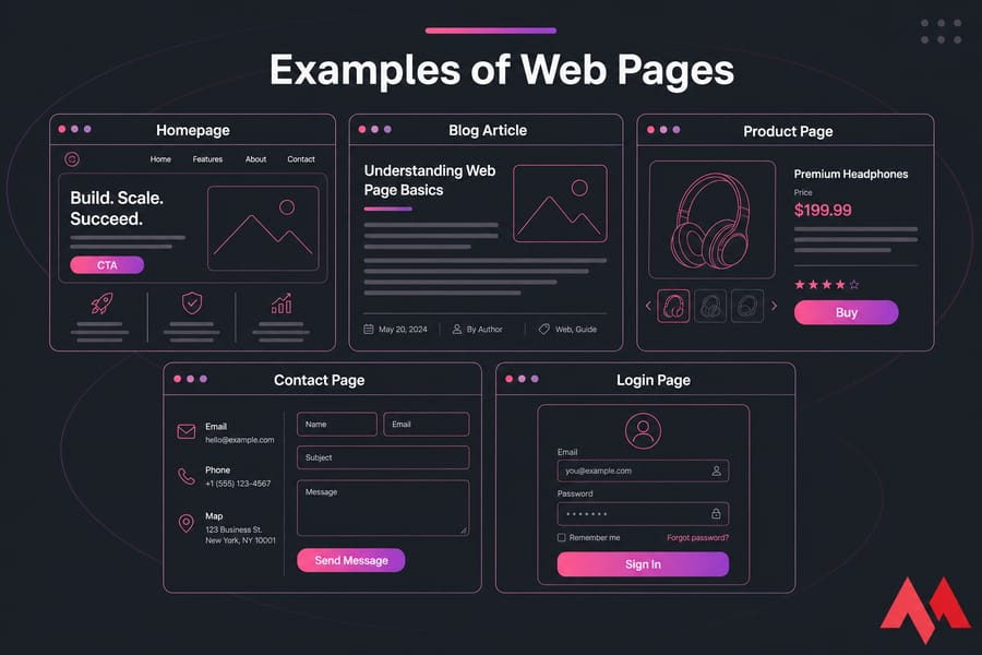 Stylised five-card grid showing Homepage, Blog Article, Product Page, Contact Page, and Login Page.