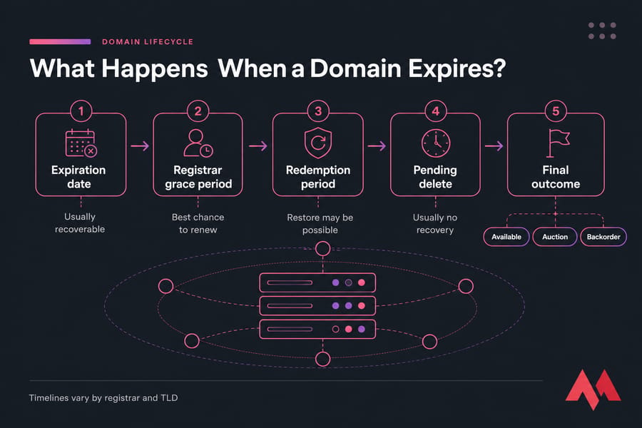 Five-stage domain expiration timeline showing expiration, grace, redemption, pending delete, and final outcomes.