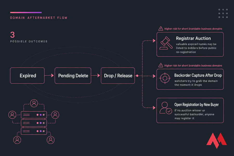 Flowchart of an expired domain leading to auction, backorder capture, or open registration.