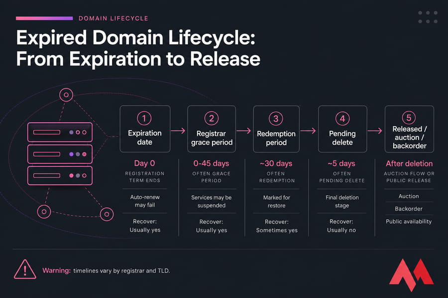 Horizontal infographic showing the expired domain lifecycle from expiration to release.