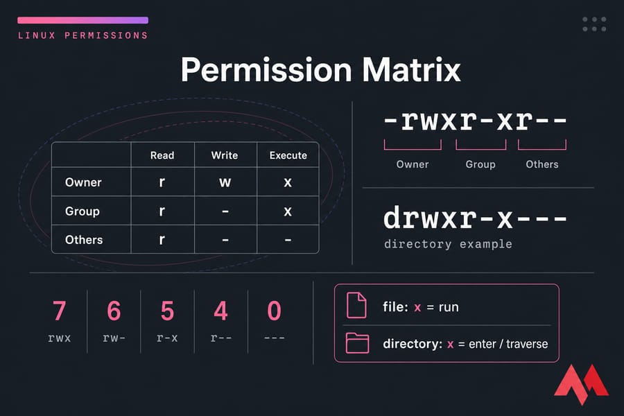 Linux permission matrix showing owner, group, others, rwx columns, octal values, and file vs directory execute meaning