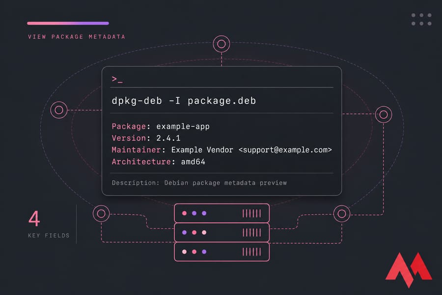 Stylised terminal card showing dpkg-deb -I package.deb and package metadata fields.