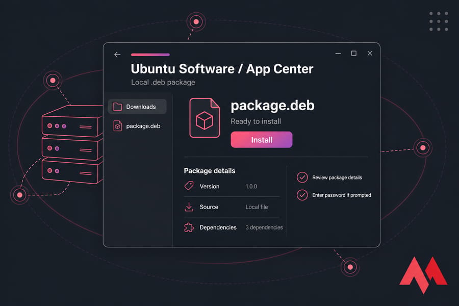 Stylised Ubuntu Software or App Center window showing a local .deb package page with Install button