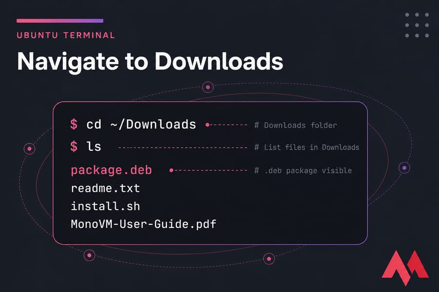 Stylised Ubuntu terminal card showing cd ~/Downloads, ls, and a visible package.deb file.