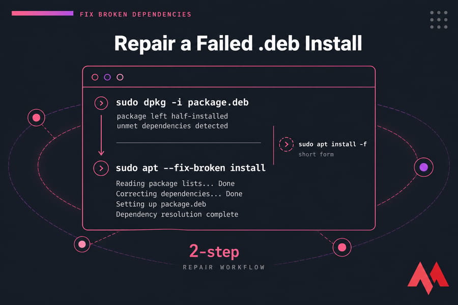 Stylised Ubuntu terminal graphic showing apt fix-broken command repairing a failed dpkg .deb install