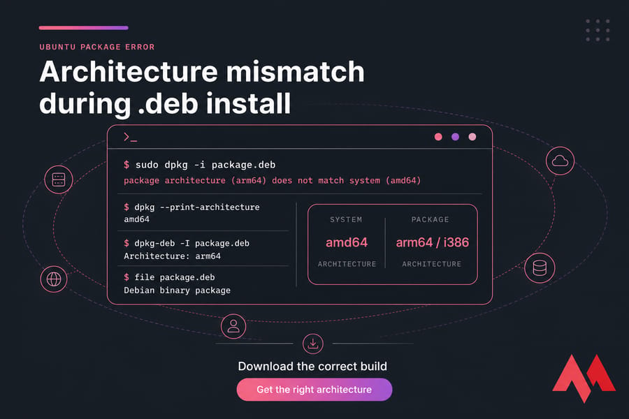 Stylised Ubuntu terminal illustration showing .deb architecture mismatch and amd64 vs arm64 comparison.
