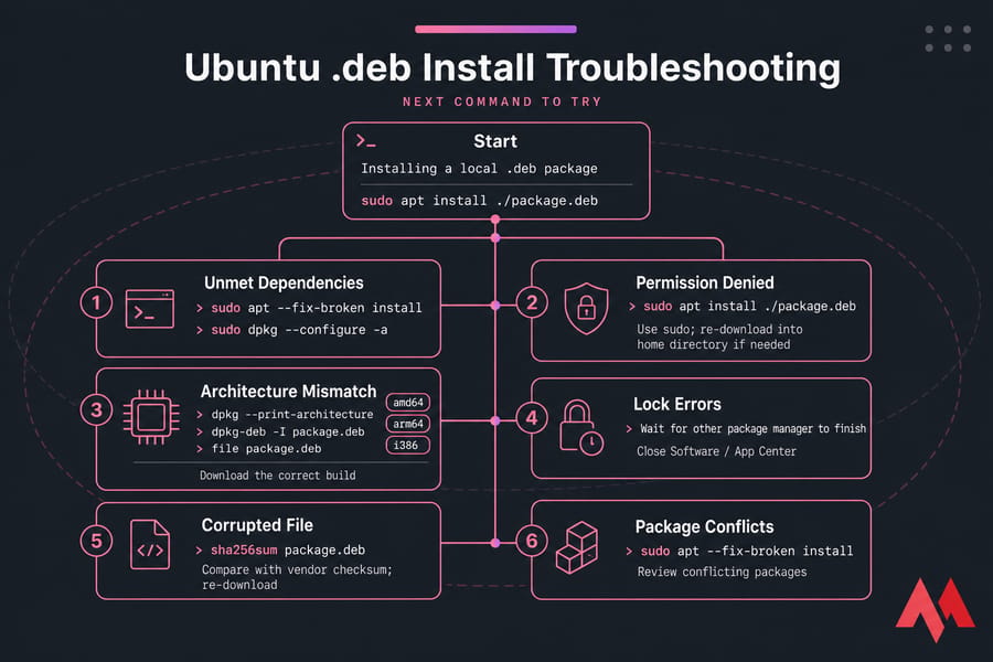 Ubuntu .deb troubleshooting flowchart with common errors and next commands to try