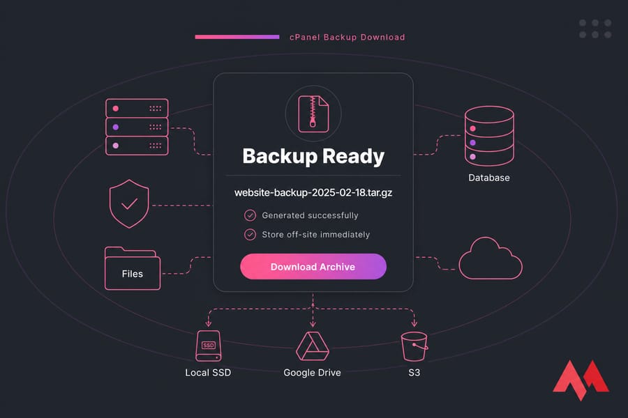 Concept illustration of a cPanel backup archive ready to download as a .tar.gz file