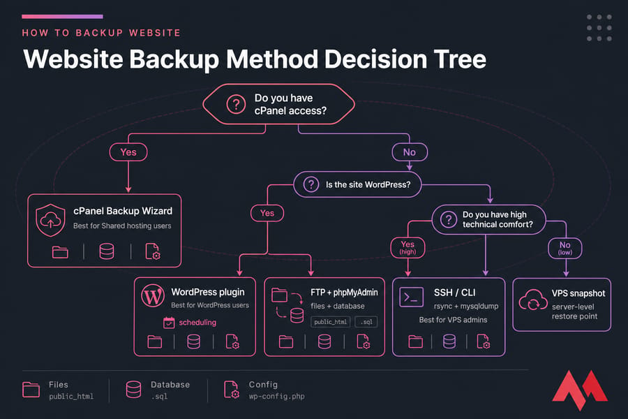 Decision tree infographic for choosing cPanel, FTP, WordPress plugin, SSH, or VPS backup methods.