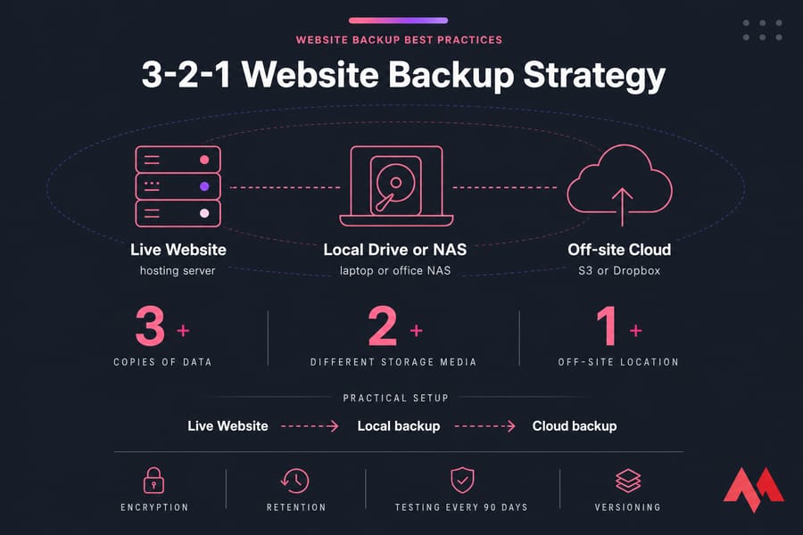 Infographic showing the 3-2-1 website backup strategy with server, local drive, and cloud storage.