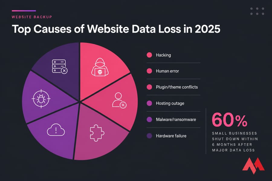 Pie chart of top causes of website data loss in 2025 with a 60% shutdown stat callout.
