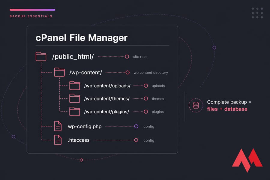 Stylised cPanel File Manager graphic highlighting public_html, wp-content, wp-config.php, and .htaccess