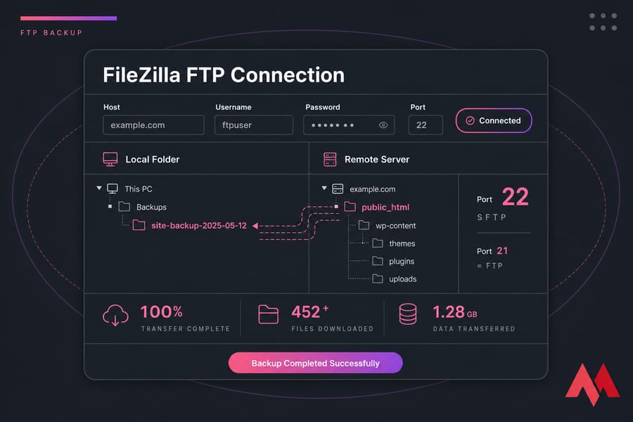 Stylised FileZilla FTP connection graphic showing Host, Username, Port 22, and remote public_html folder.