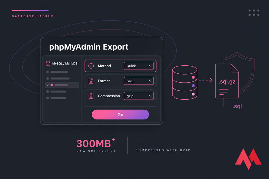 Stylised phpMyAdmin export illustration showing Quick, SQL, gzip, and .sql.gz database backup.